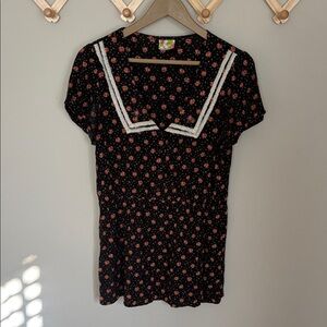 Free People Black Floral Blouse with White Accents